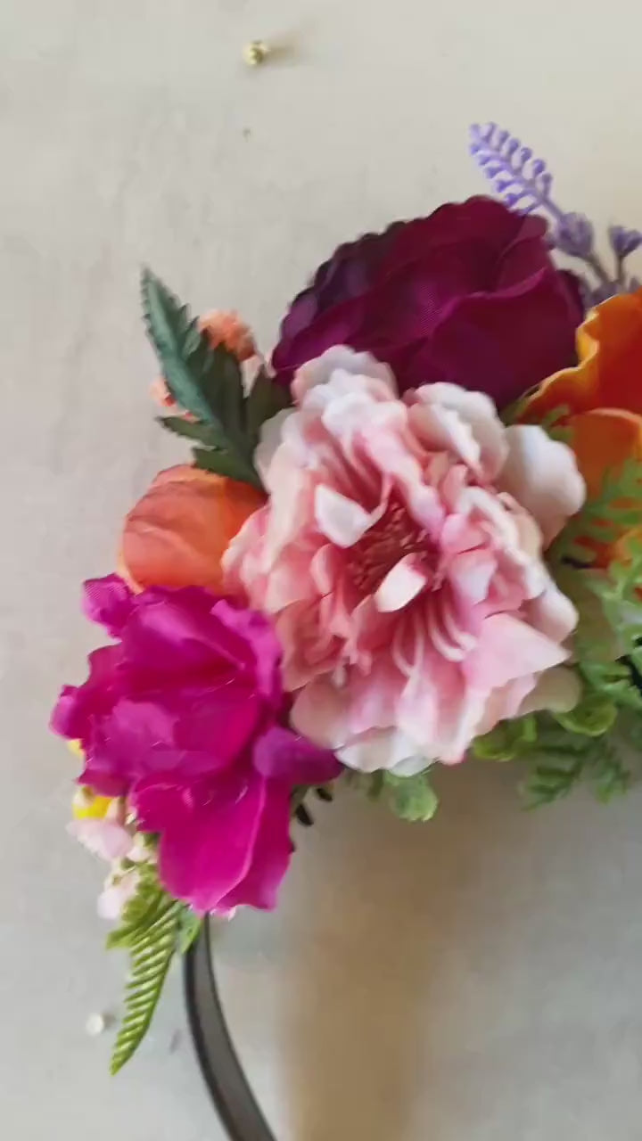 Magenta Orange Frida Flower Crown: Boho Floral Headband