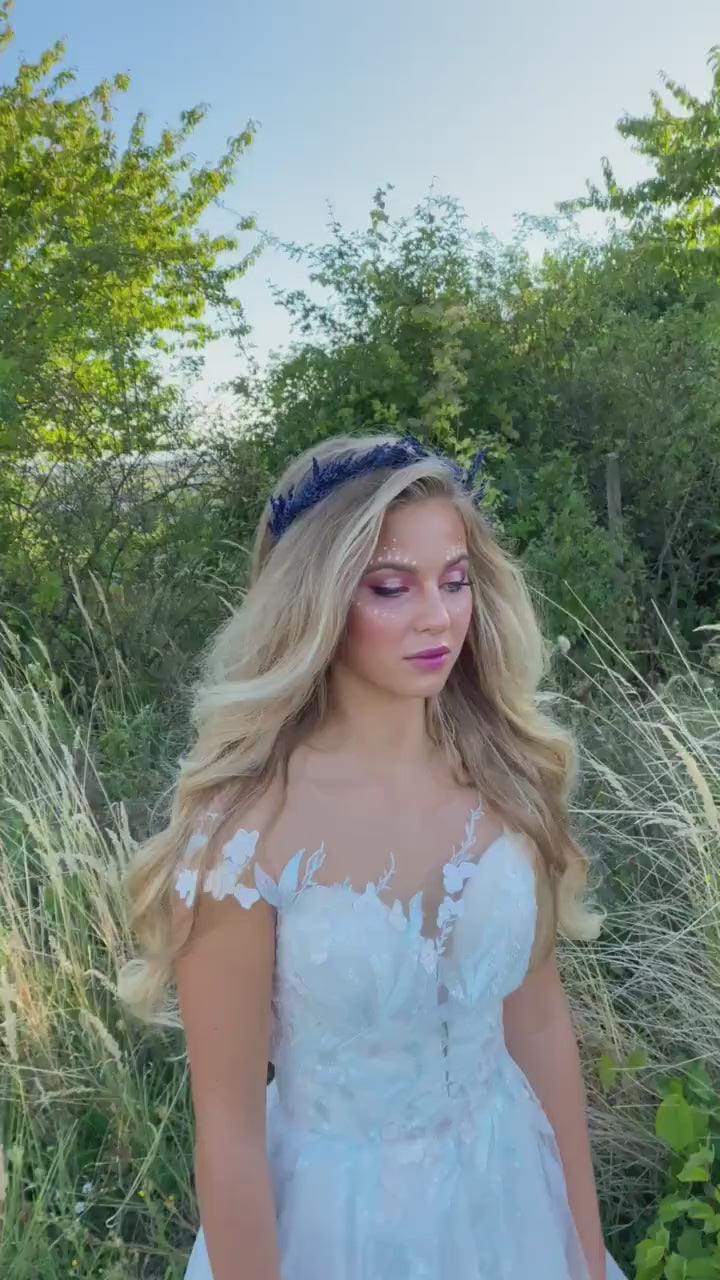 Lavender Flower Crown: Wedding Bridal Headpiece, Navy Blue Preserved Wreath