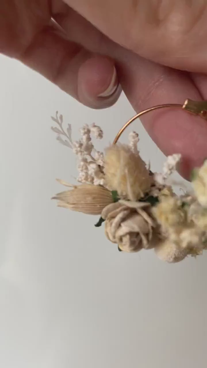 Rustic Flower Hoop Earrings: Beige Bridal Jewelry