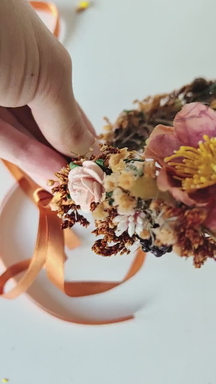 Autumn Flower Crown: Terracotta Floral Half Wreath, Blackberry Wedding Headpiece