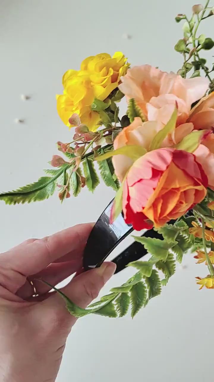 Frida Flower Crown: Pink & Yellow Floral Headband, Double-Sided Design