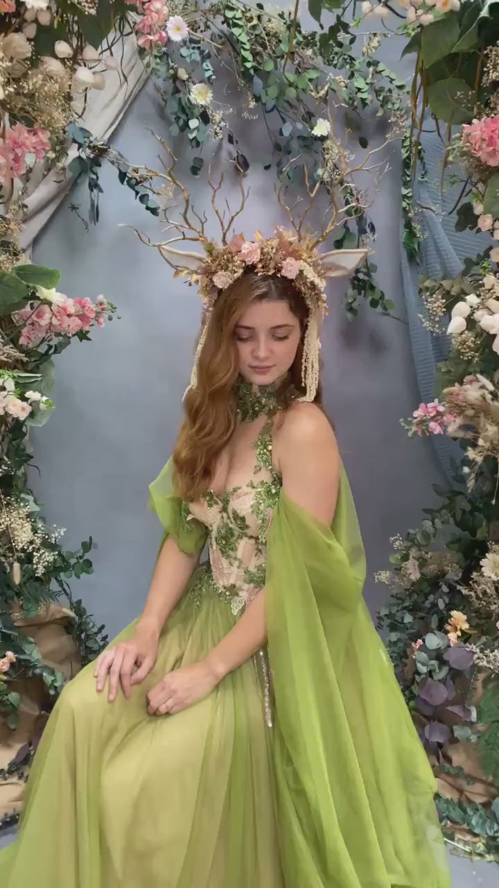 Pink Flower Crown with Gold Antlers: Fairytale Headband