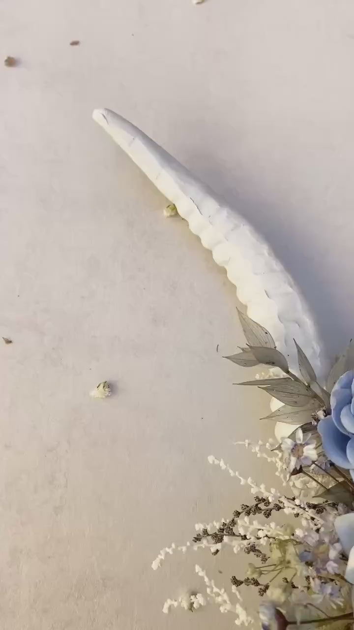 Blue Flower Crown with White Horns: Romantic Floral Headpiece