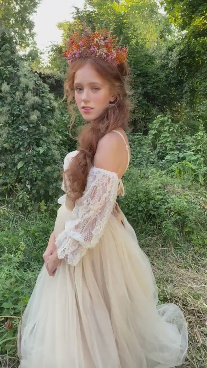 Dried Flower Bridal Headband: Orange Pink Autumn Wedding Hair Crown