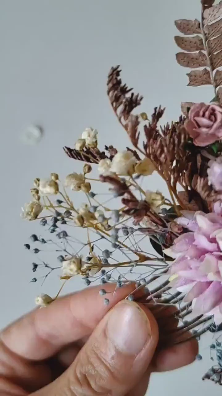 Pink Purple Flower Bridal Set: Boho Wedding Hair Comb, Boutonniere