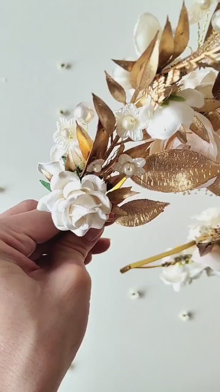 Golden Halo Crown: White Flower Headband, Holy Communion, Bridal