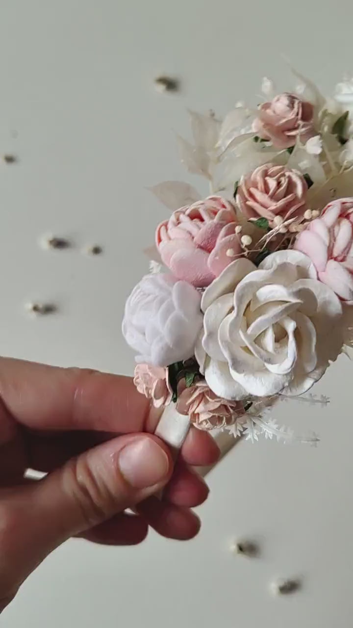 White & Pink Flower Headband: First Communion, Bridal Headpiece