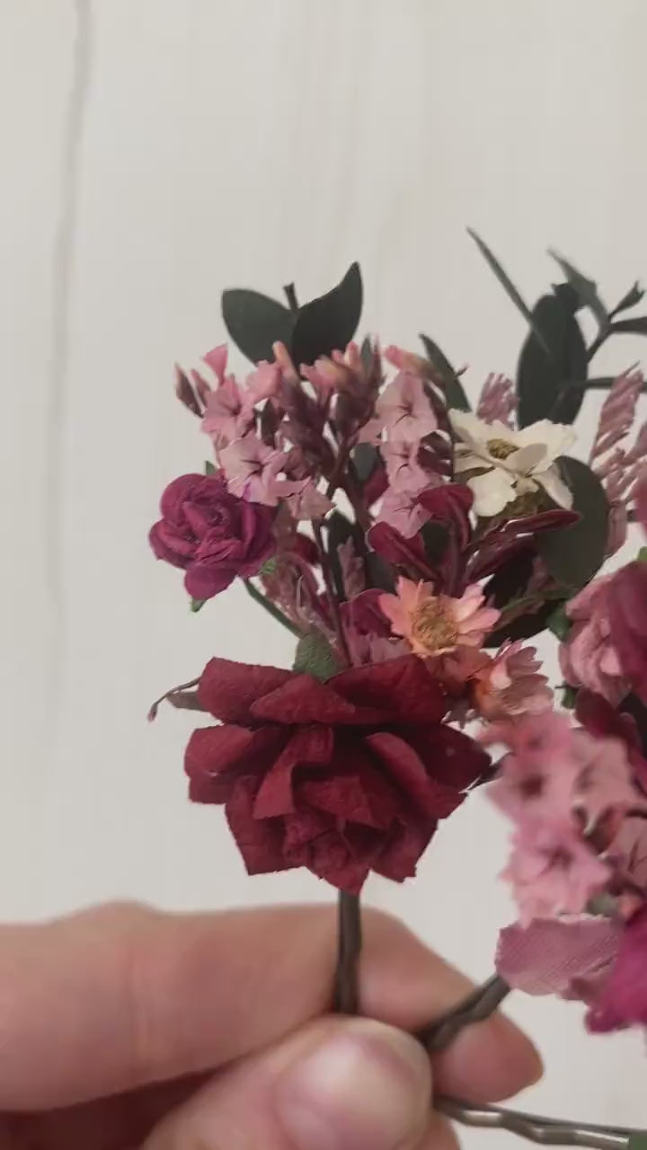 Rustic Burgundy Flower Hair Pins: Cottagecore Bridal Bobby Pins