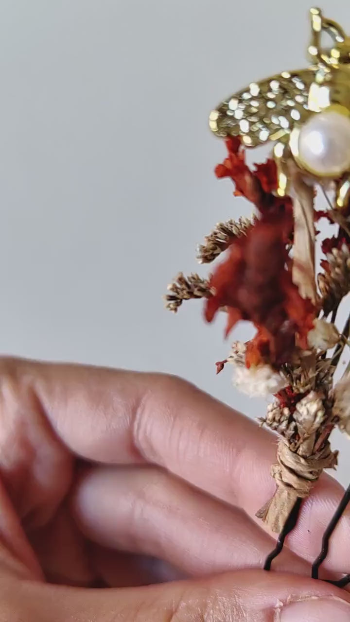 Terracotta Flower Hairpins with Gold Bees: Boho Wedding Headpiece