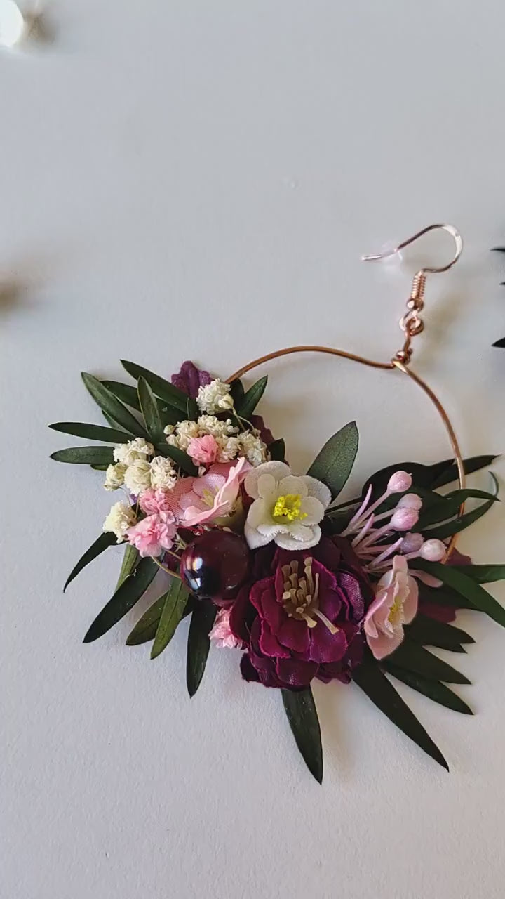 Burgundy Floral Hoop Earrings: Romantic Wedding Jewelry