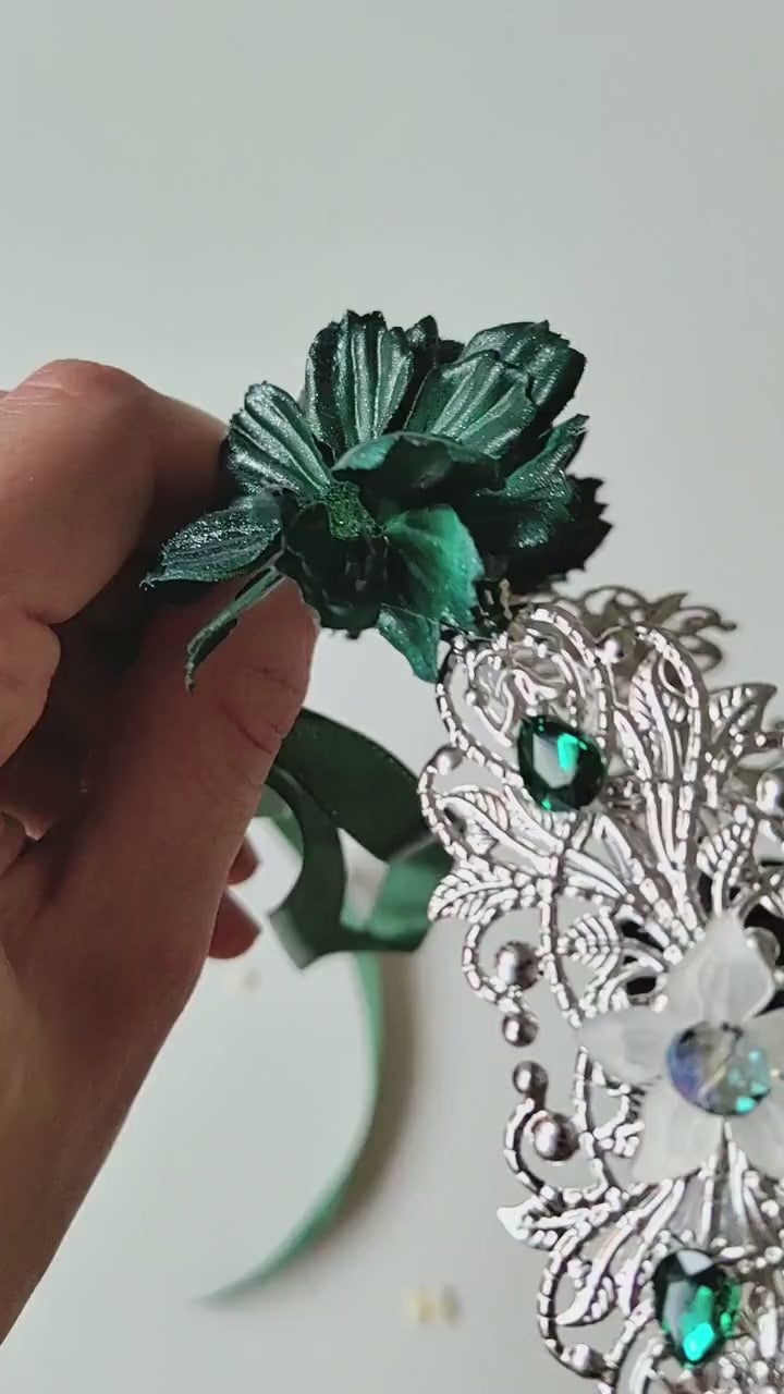 Emerald Crystal Elven Crown: Silver Bridal Headpiece, Fantasy Tiara