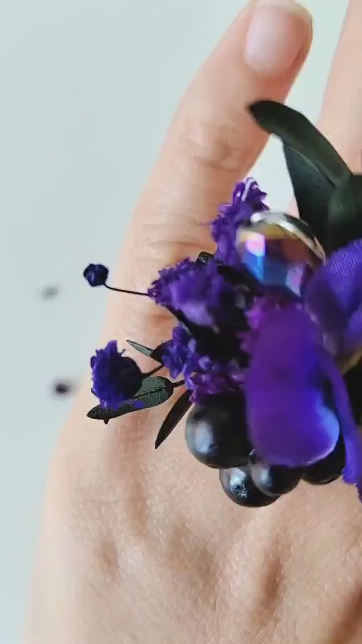 Purple Flower Ring: Boho Gothic Wedding Jewelry, Adjustable Ring