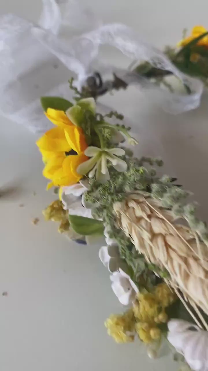 Sunflower Hair Crown: Boho Bridal Flower Wreath