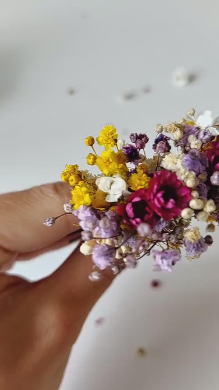 Dried Flower Hairpins: Magenta, Violet & Yellow Bridal Hair Accessories