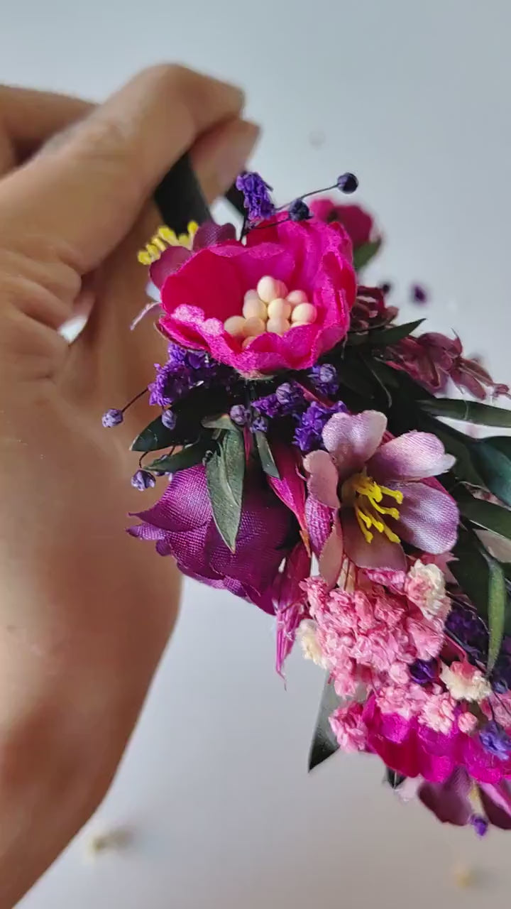 Magenta Purple Flower Headband: Boho Bridal Headpiece