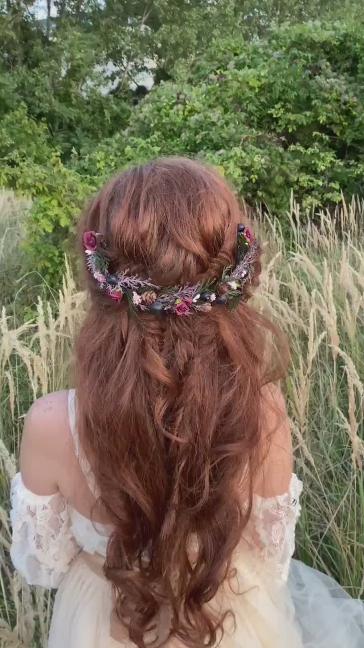 Autumn Flower Half Wreath: Woodland Bridal Crown with Pine Cones