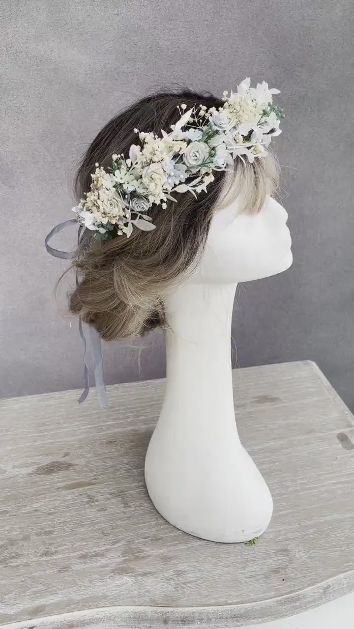 Dusty Blue Flower Crown: Bridal Hair Wreath, Baby's Breath Boho Crown