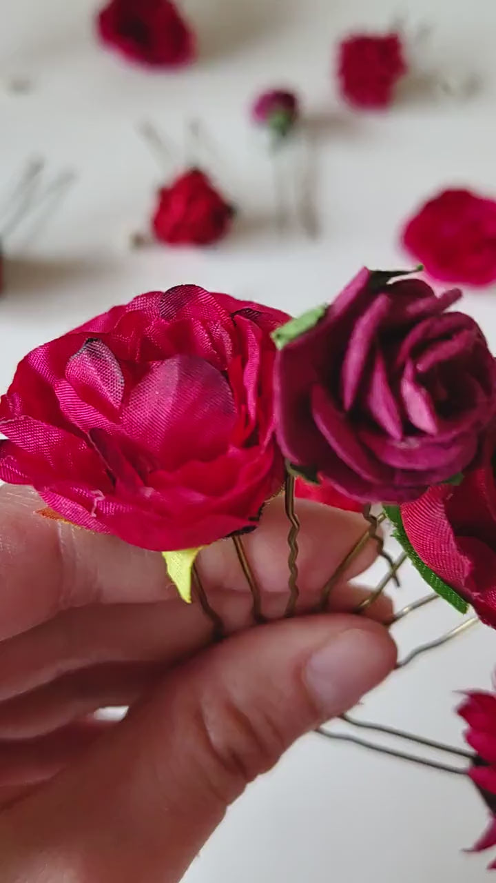 Red Burgundy Flower Hair Pins: Autumn Wedding Bridal Hair Accessories