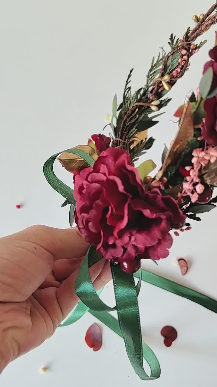 Burgundy Flower Wreath: Woodland Feather Crown with Golden Leaves