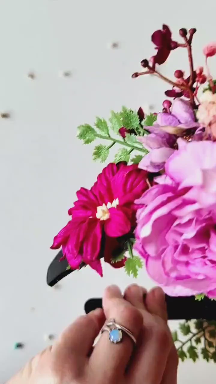 Magenta Frida Flower Headband: Boho Garden Wedding Crown