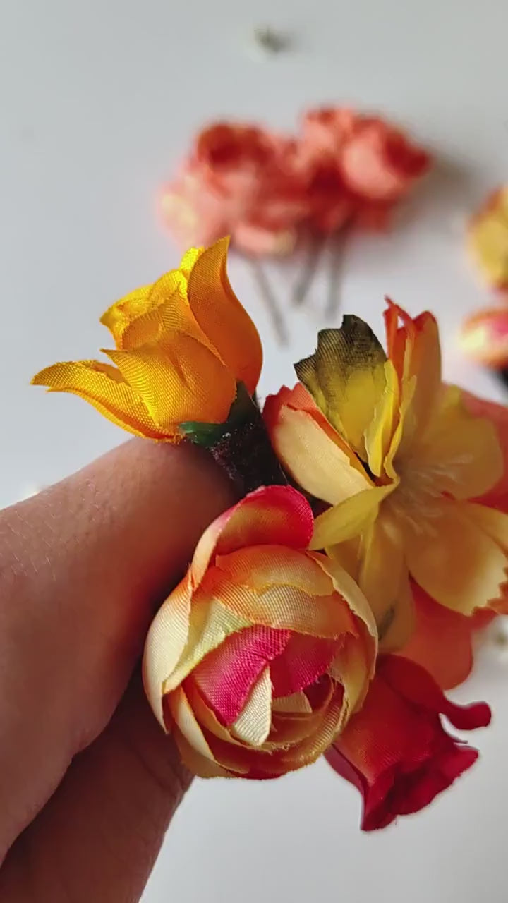 Orange & Yellow Flower Hair Pins: Boho Bridal Hair Accessory Set