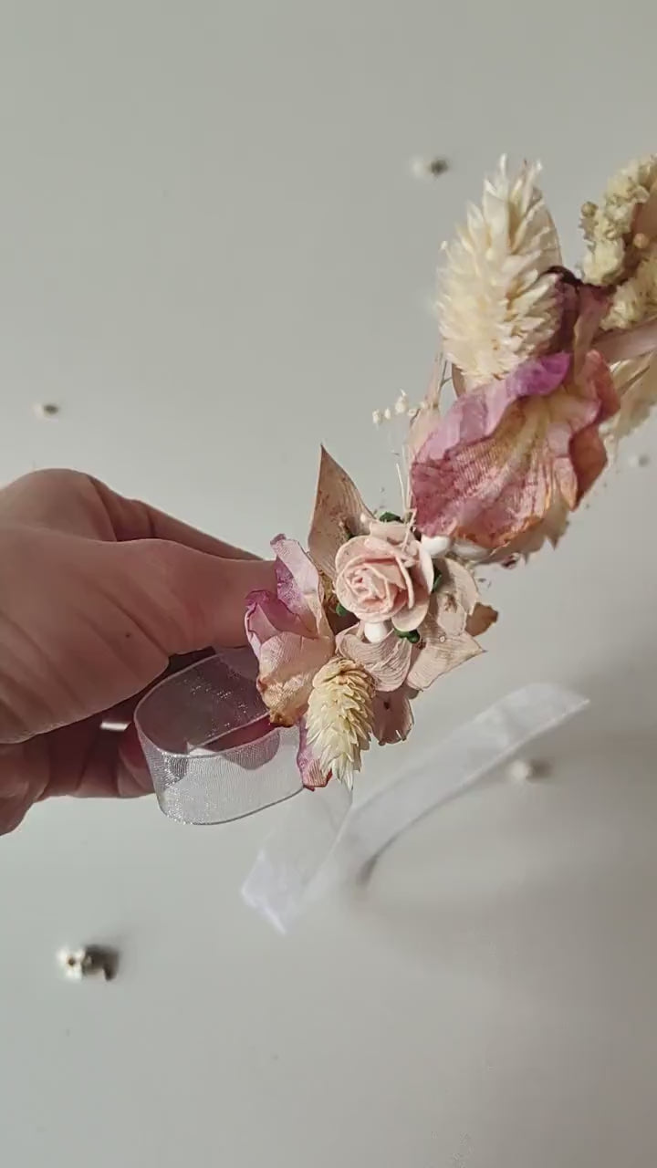 Pink Flower Hair Wreath: Holy Communion Headpiece, Fairycore Bridal Crown