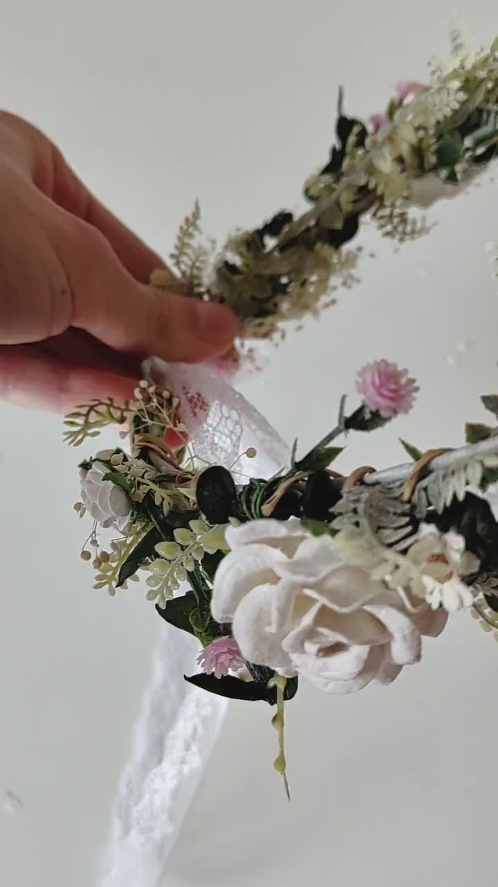 Rustic Bridal Flower Crown: White & Pink Rose Wedding Wreath