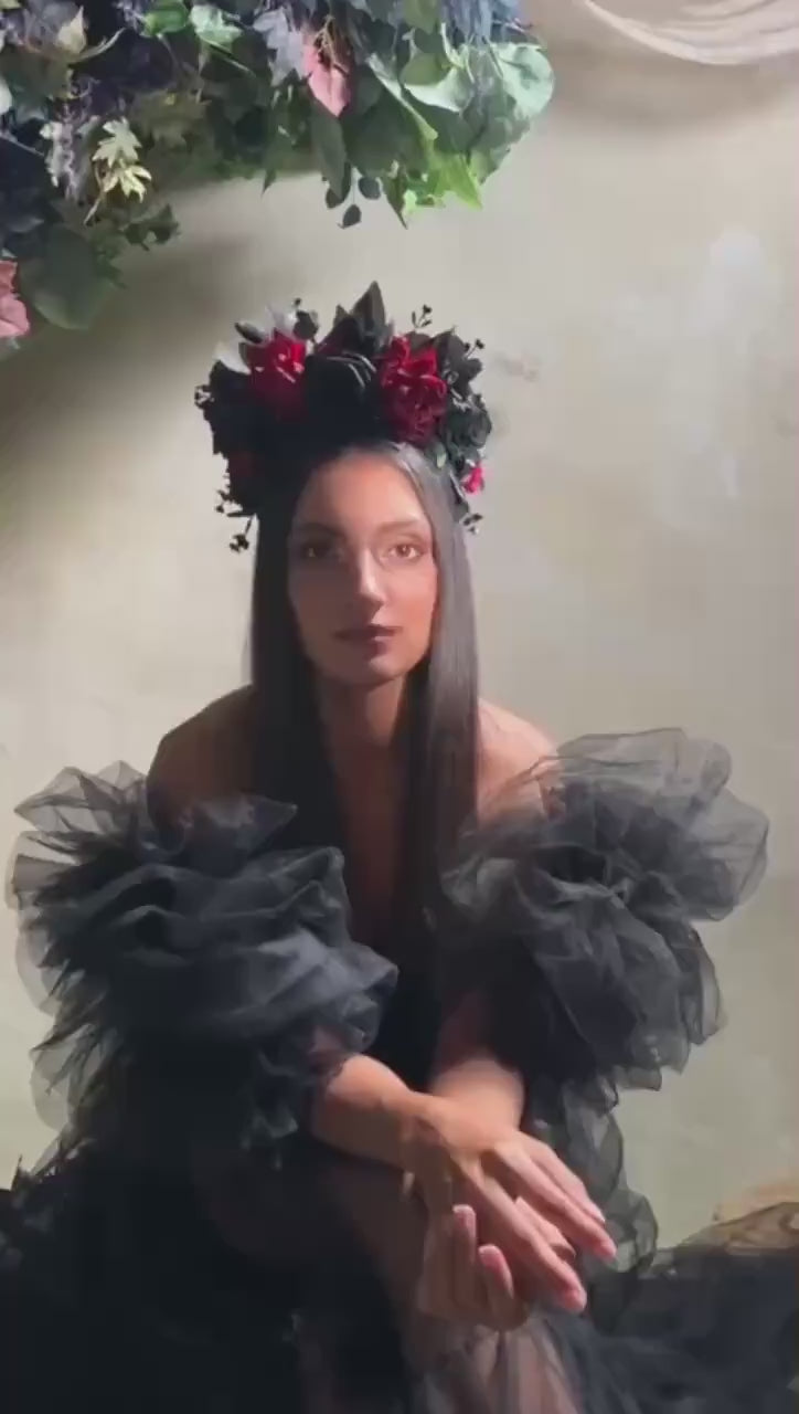 Black & Red Frida Flower Headband – Halloween Floral Crown, Statement Boho Headpiece