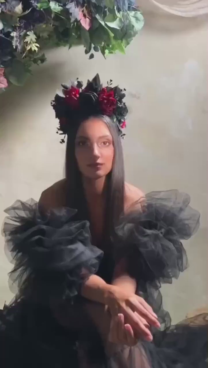 Black & Red Frida Flower Headband – Halloween Floral Crown, Statement Boho Headpiece