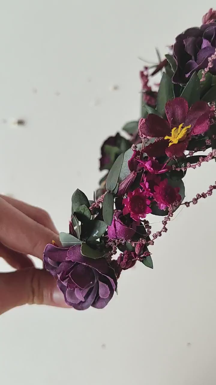 Burgundy Wedding Half Wreath: Dark Purple Floral Bridal Crown