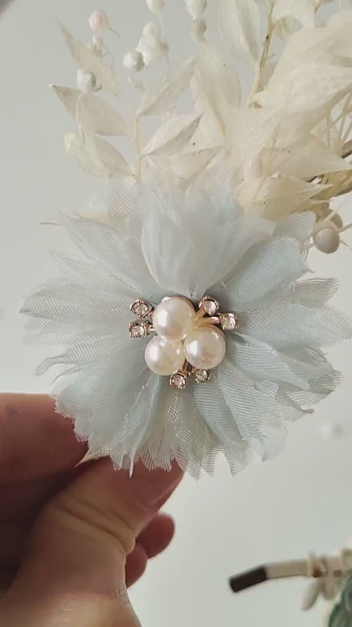 Vintage Bridal Flower Crown: Cream & Blue Wedding Headpiece