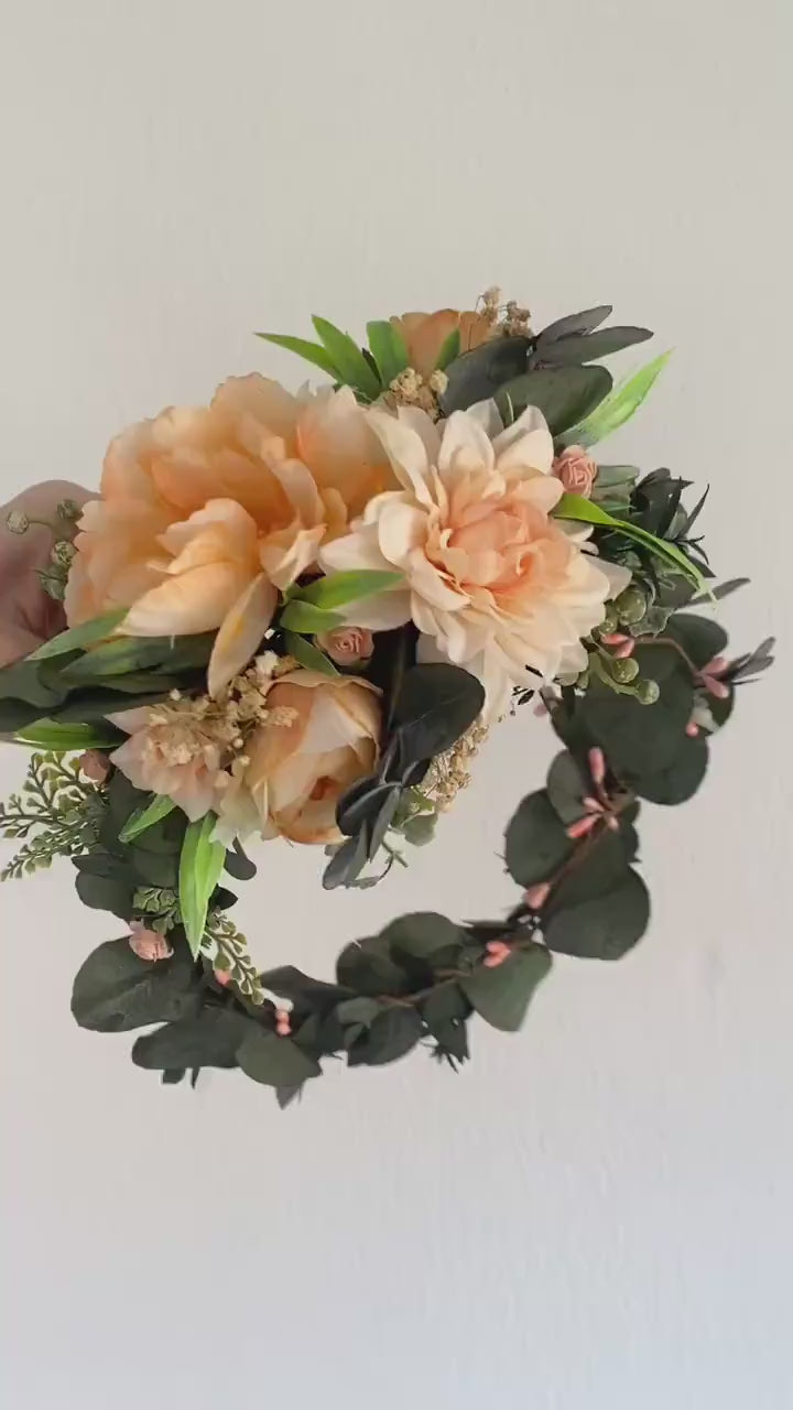 Peach Flower Headpiece: Boho Greenery Hair Wreath with Comb