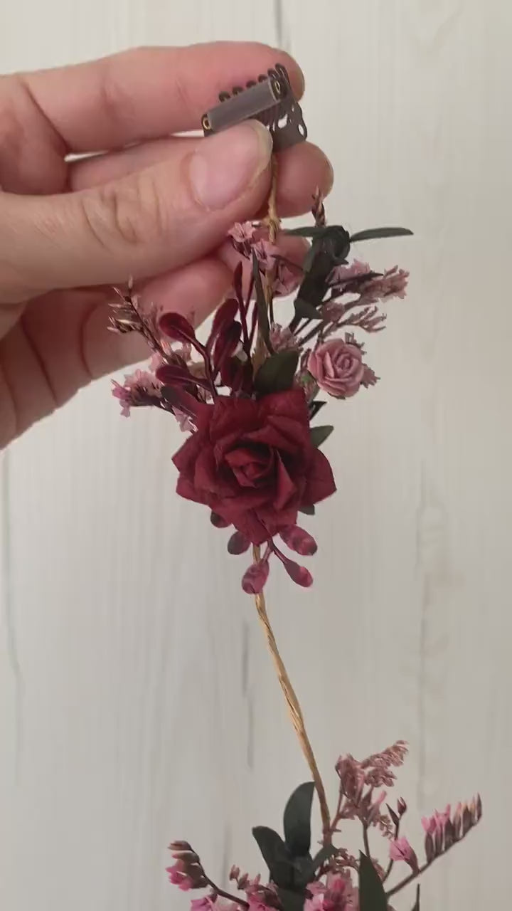 Burgundy Flower Hair Clip: Rustic Wedding Boho Hairstyle