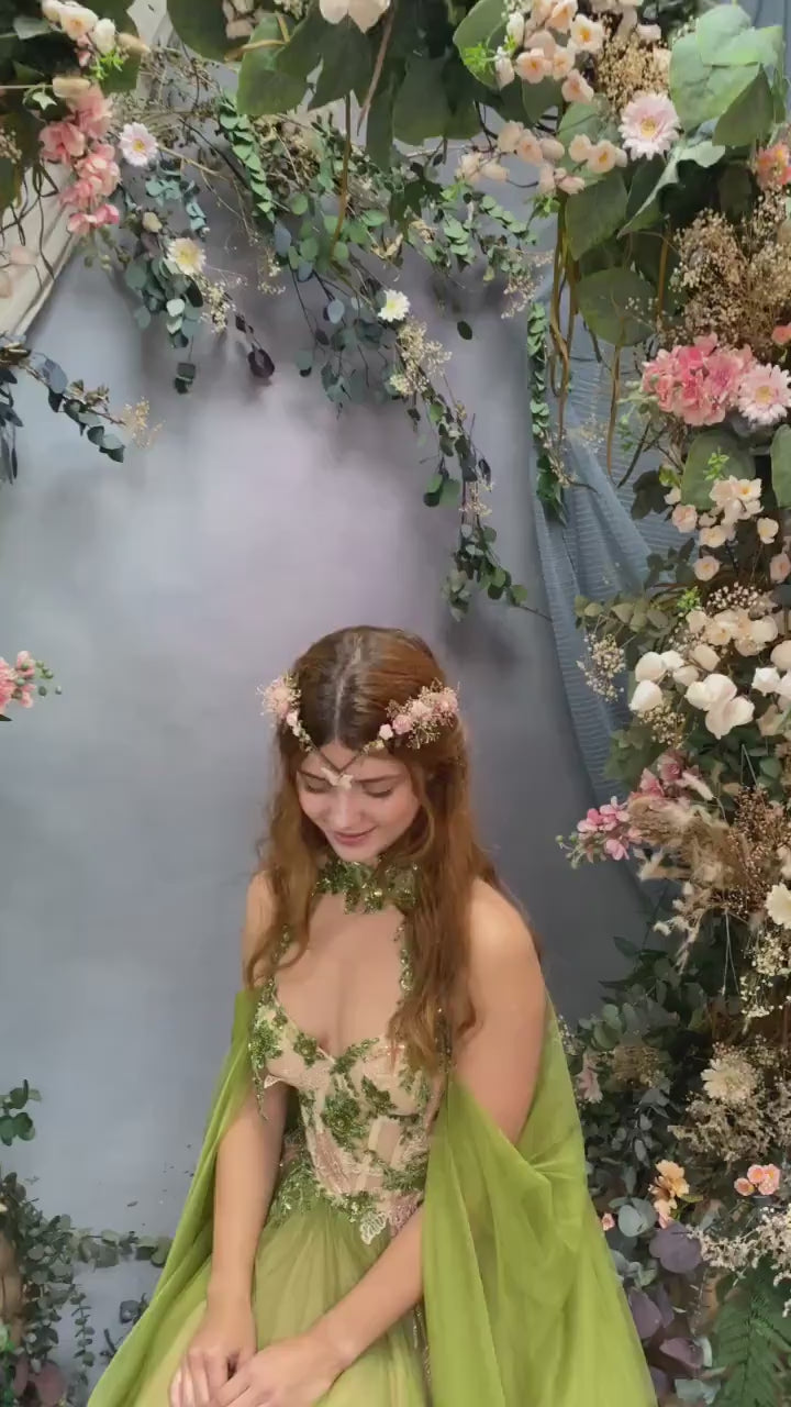 Vintage Blush Flower Crown: Bridal Elven Tiara with Butterfly