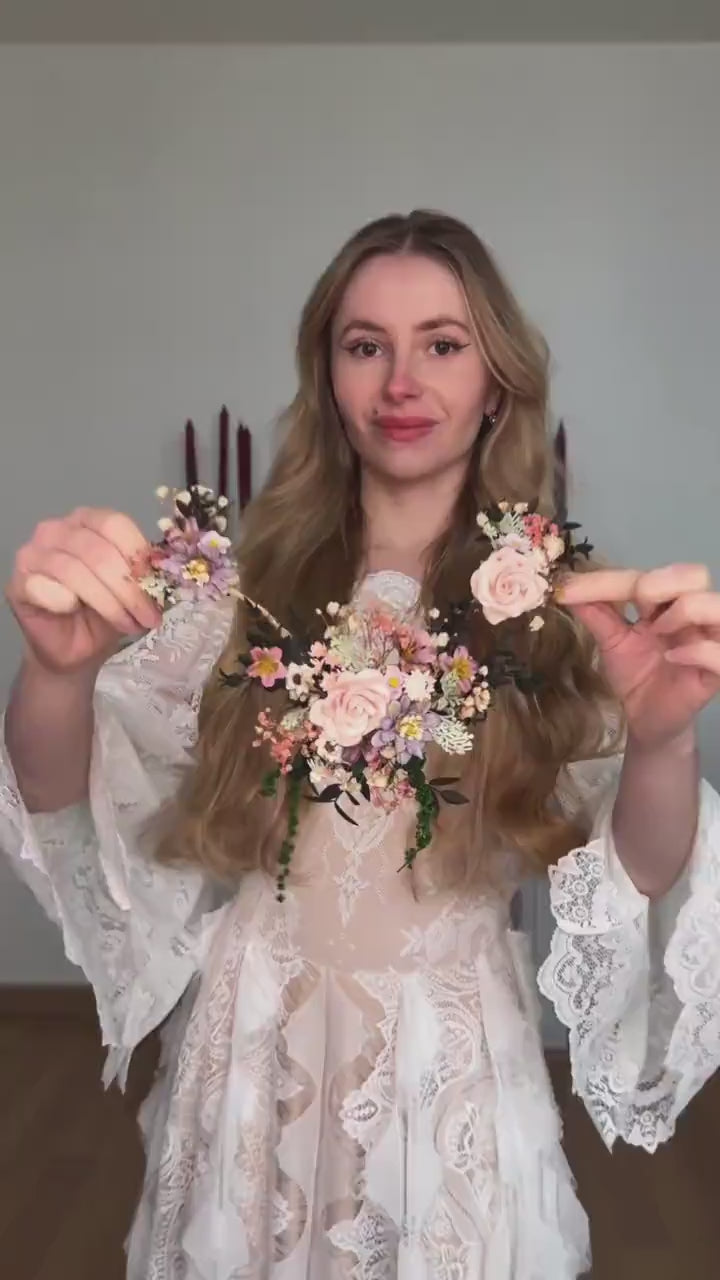 Blush Floral Wedding Hair Vine: Boho Bridal Headpiece with Hanging Clips