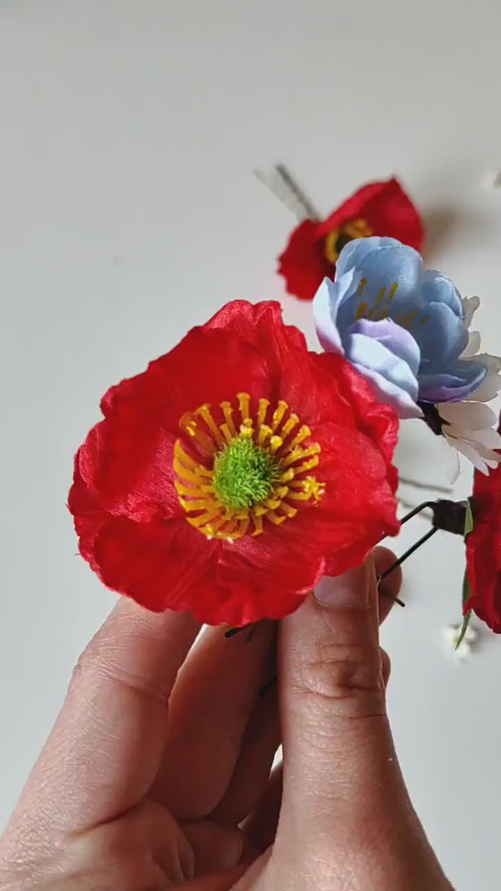 Meadow Flower Hairpins: Poppy & Wildflower Bridal Hair Accessories