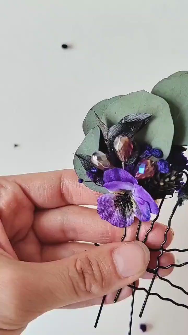 Purple Flower Hairpins: Violet Eucalyptus Bridal Hair Accessories