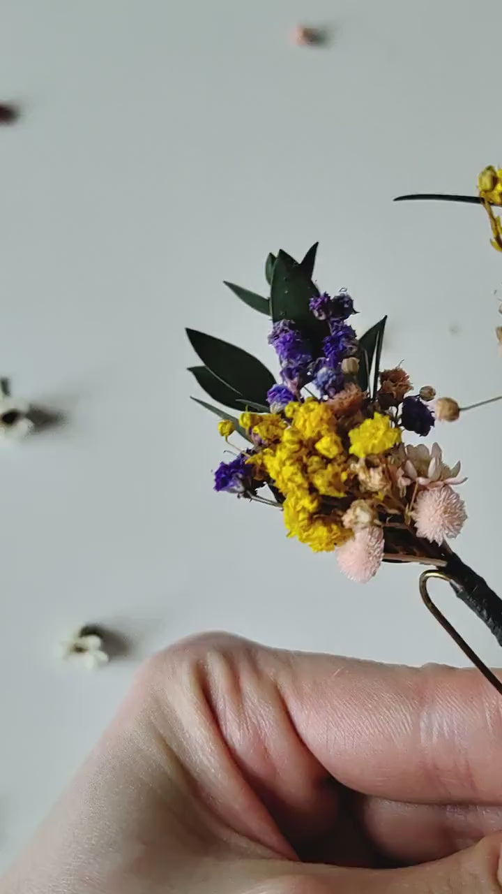 Preserved Flower Hairpins: Violet, Yellow, & Eucalyptus - Meadowy Design