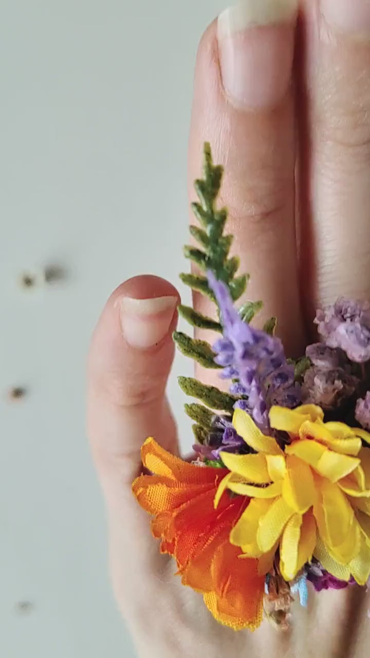 Boho Flower Ring: Colorful Wildflower Jewelry, Adjustable Band
