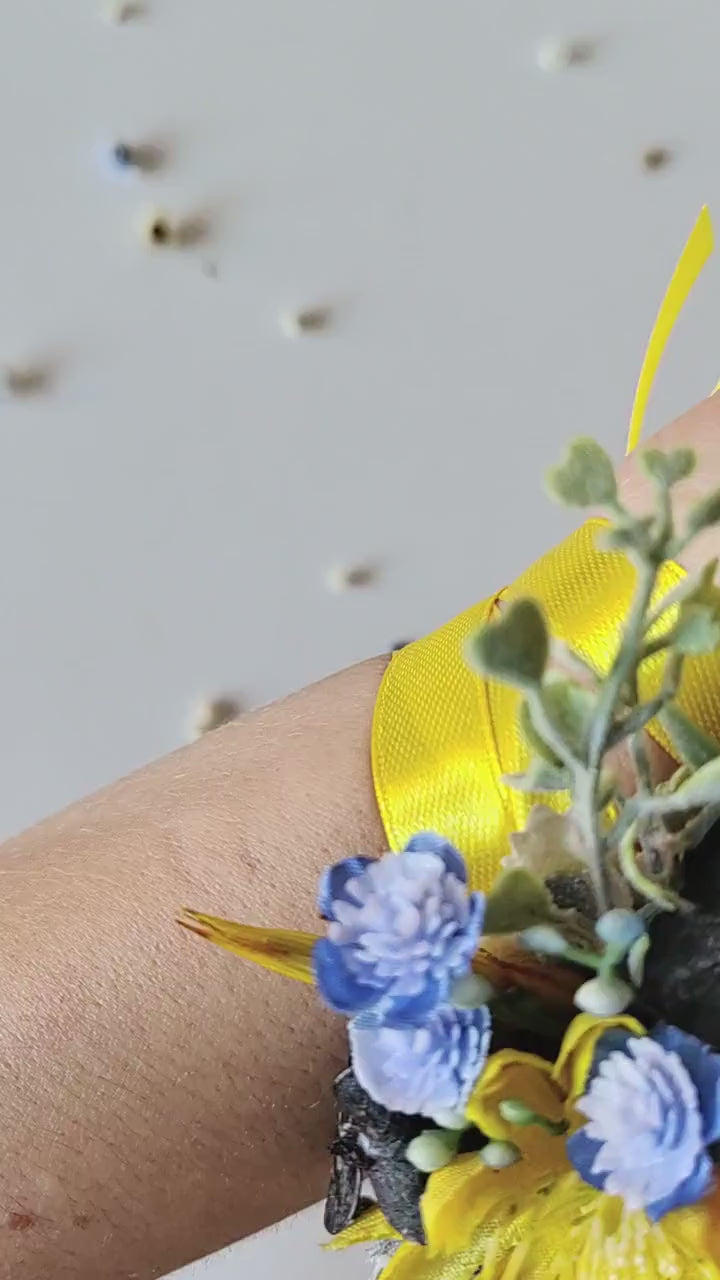 Yellow & Blue Flower Bracelet: Romantic Wedding Wrist Corsage