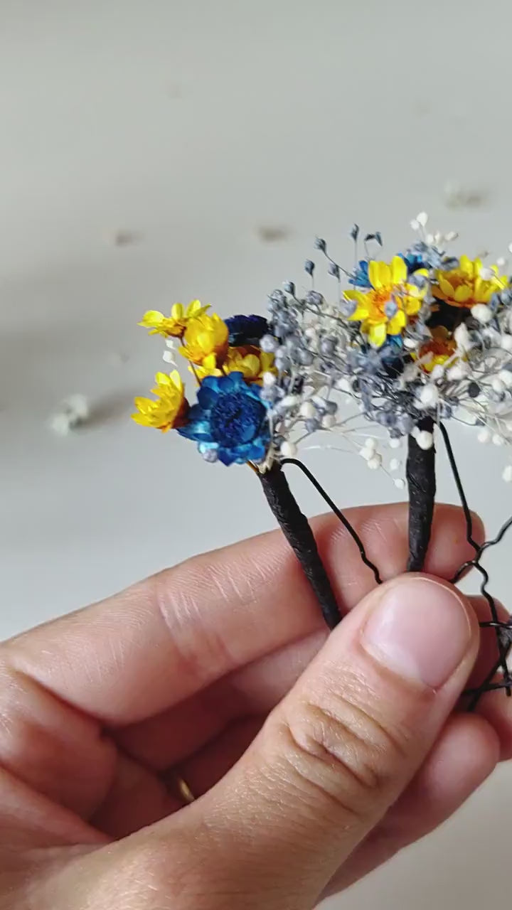 Blue & Yellow Flower Hairpins: Preserved Floral Bridal Hair Accessories
