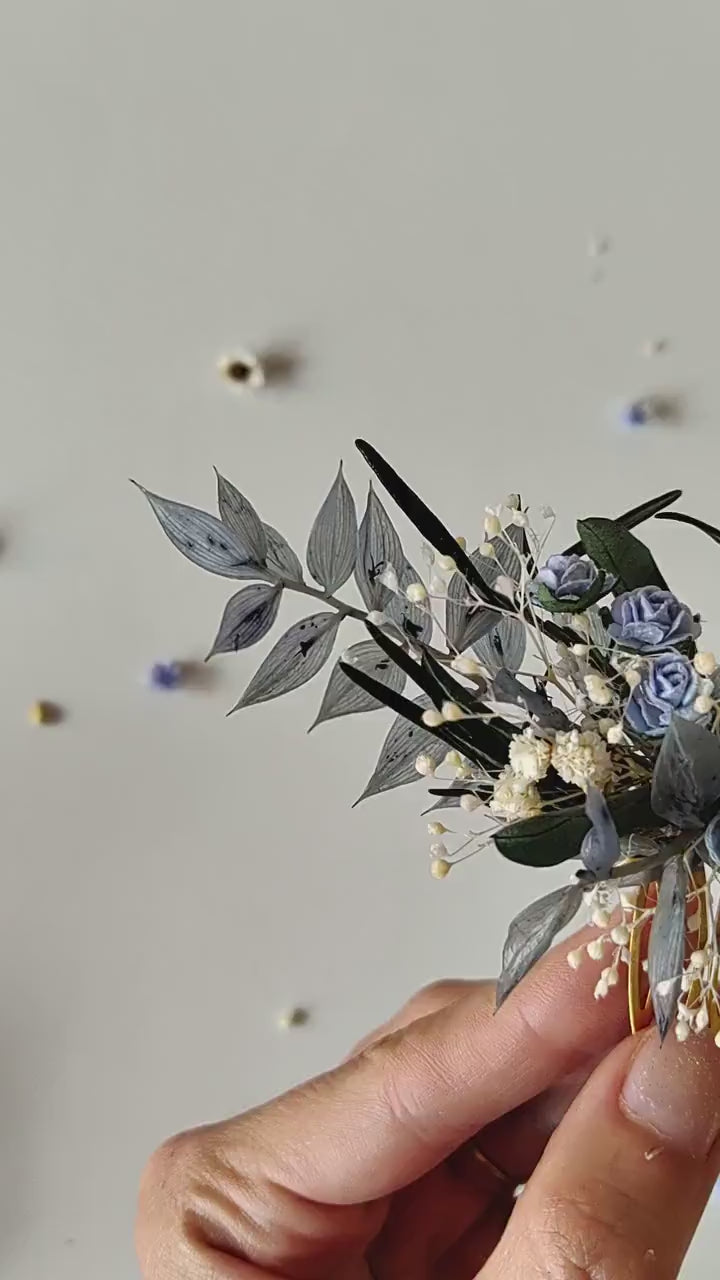 Baby Blue Flower Bridal Hair Comb: Romantic Greenery Hairpiece