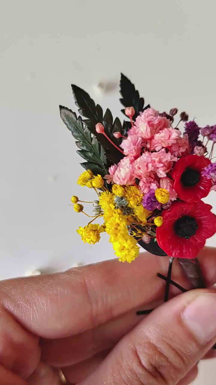 Floral Hair Pins: Folk Meadow Poppy Flower Bridal Hair Accessories