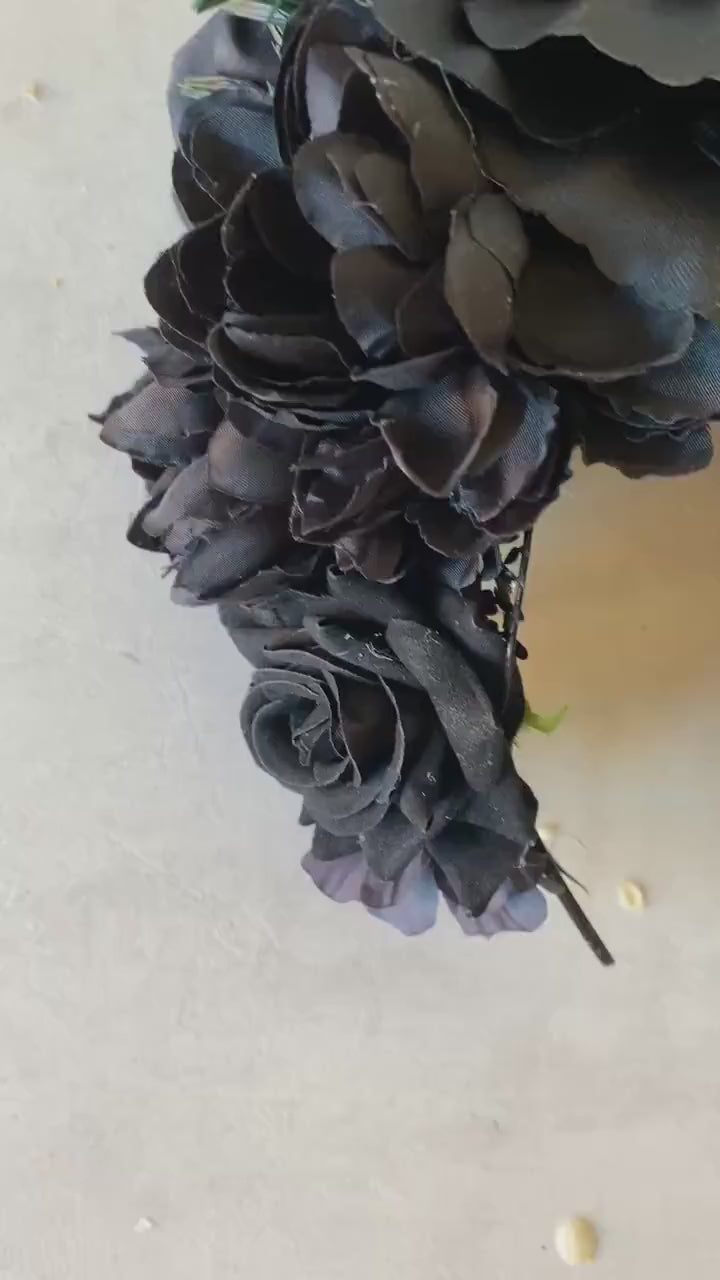 Black Frida flower headband: Big black crown for Halloween or Gothic wedding