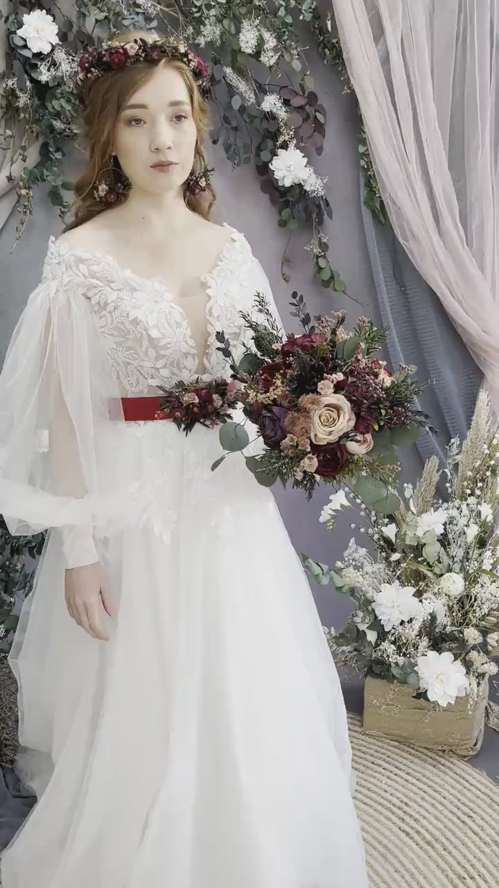 Burgundy Flower Half Wreath: Wedding Crown Headpiece