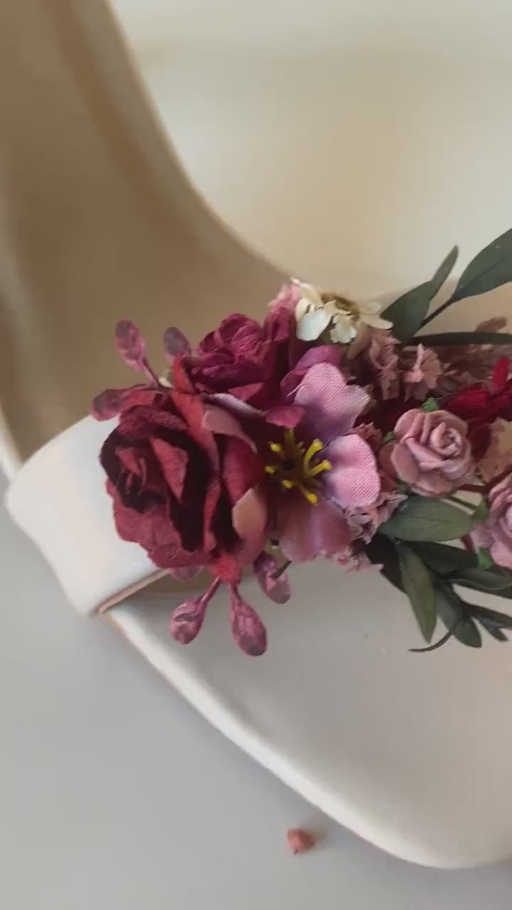 Burgundy Flower Shoe Clips: Boho Wedding Floral Decoration
