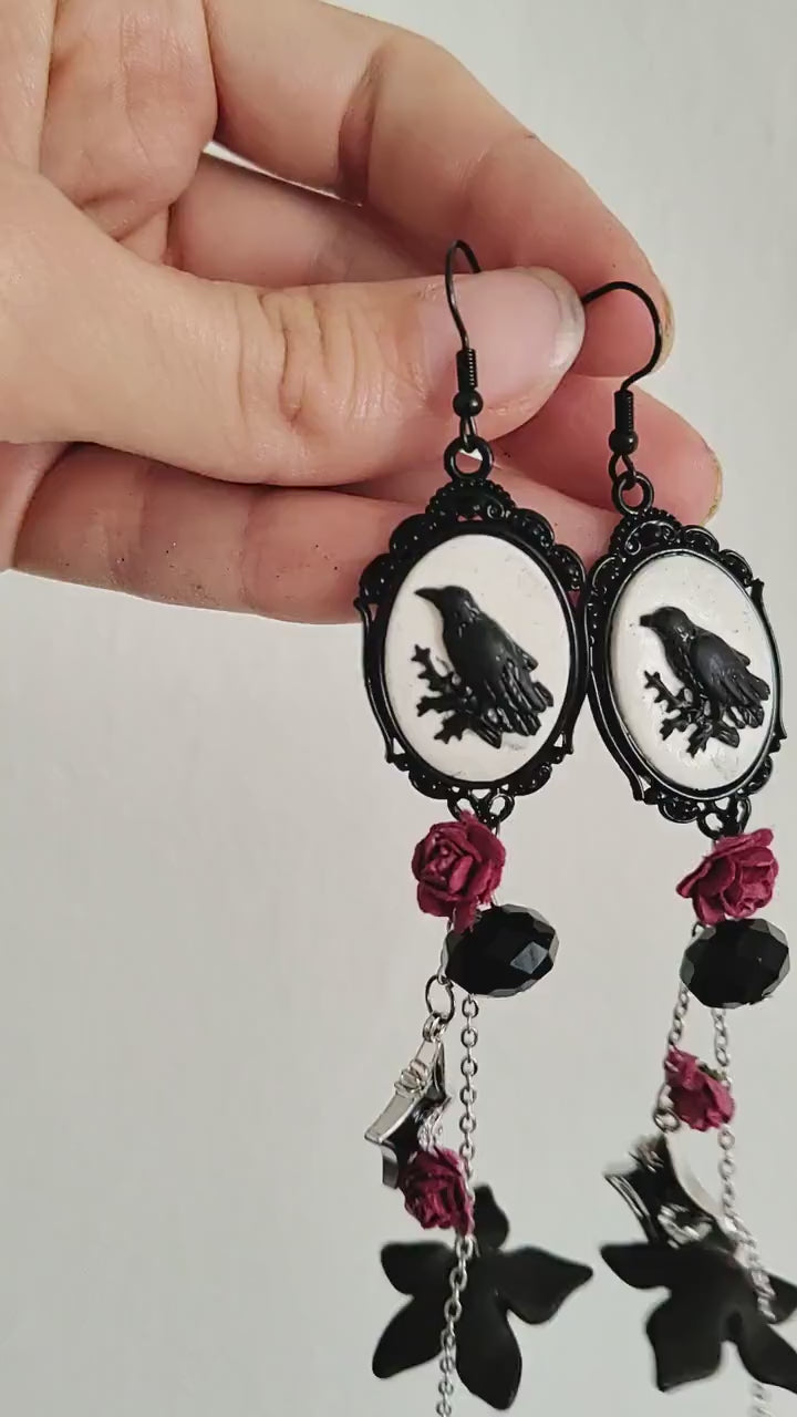 Gothic Crow Long Earrings: Halloween Wedding Jewelry
