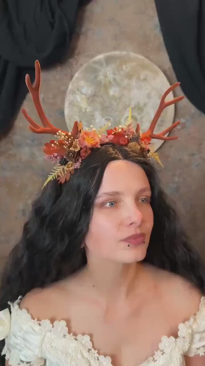 Antler Headpiece: Cinnamon Pumpkin Halloween Crown, Samhain Fairy Design