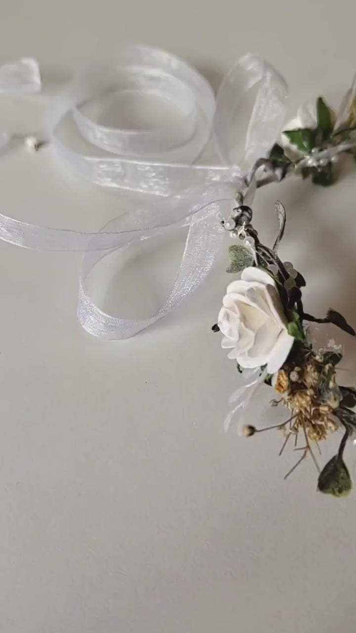 White Rose Wedding Crown: Bridal Headpiece with Pearls & Baby's Breath