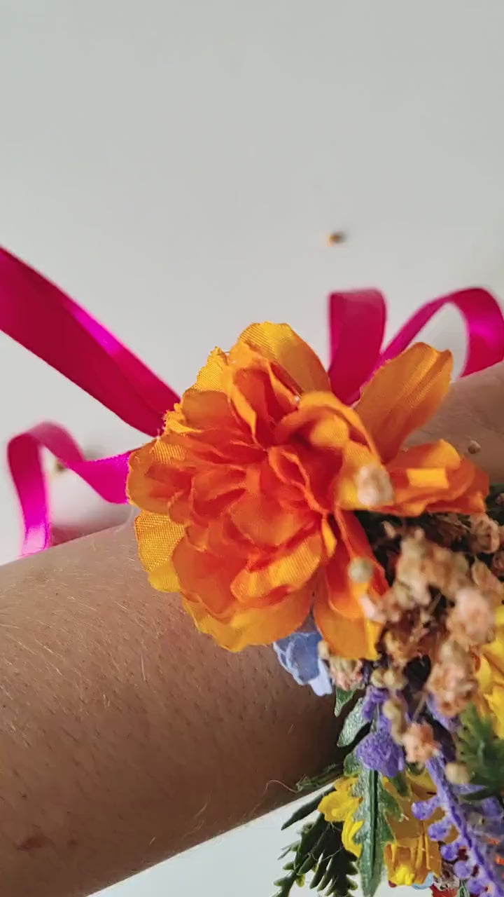 Colorful Flower Bracelet: Boho Wedding Wrist Corsage